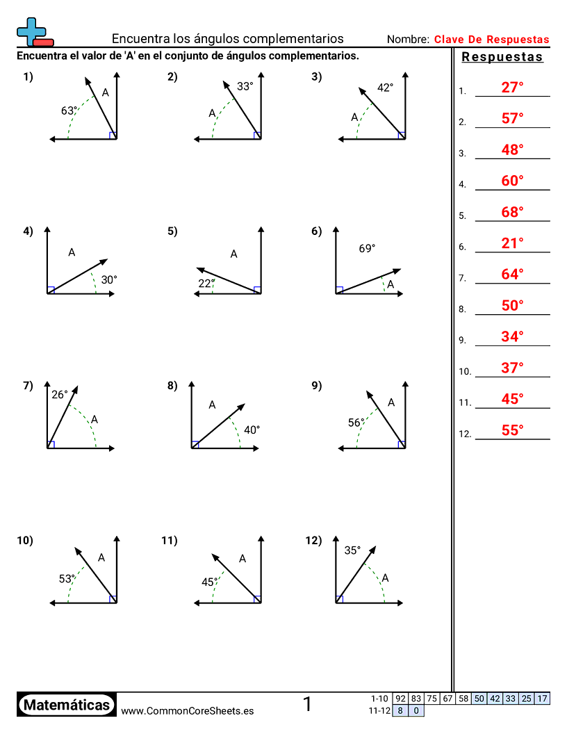 7th Grade Ejercicios de ángulos - Encontrar ángulos complementarios worksheet