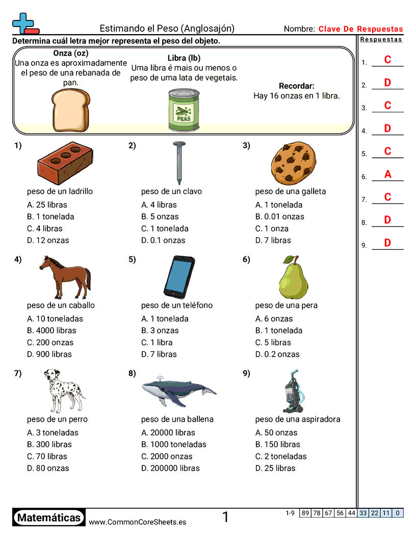 Ejercicios  de pesos - Estimar peso worksheet