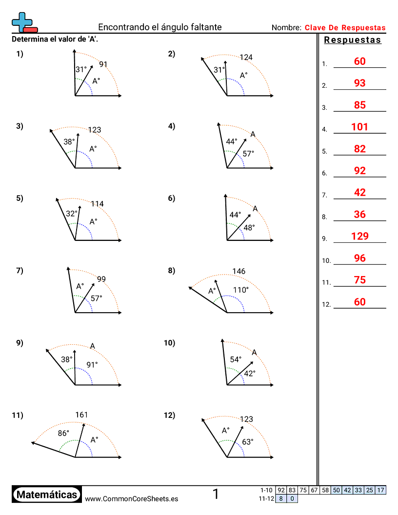 Ejercicios de ángulos - Encontrar el ángulo que falta worksheet