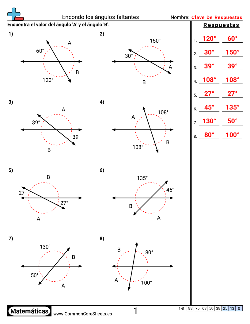 7th Grade Ejercicios de ángulos - Encontrar los ángulos que faltan worksheet