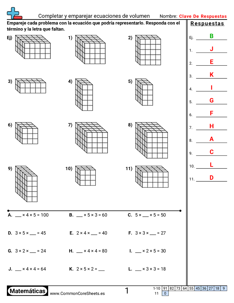 Ejercicios  de volúmenes - Completar y emparejar ecuaciones de volumen worksheet