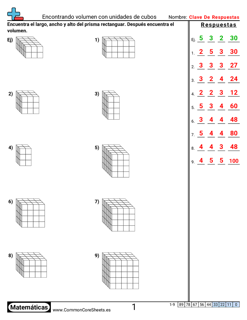 Ejercicios  de volúmenes - Encontrar volumen con cubos unitarios worksheet