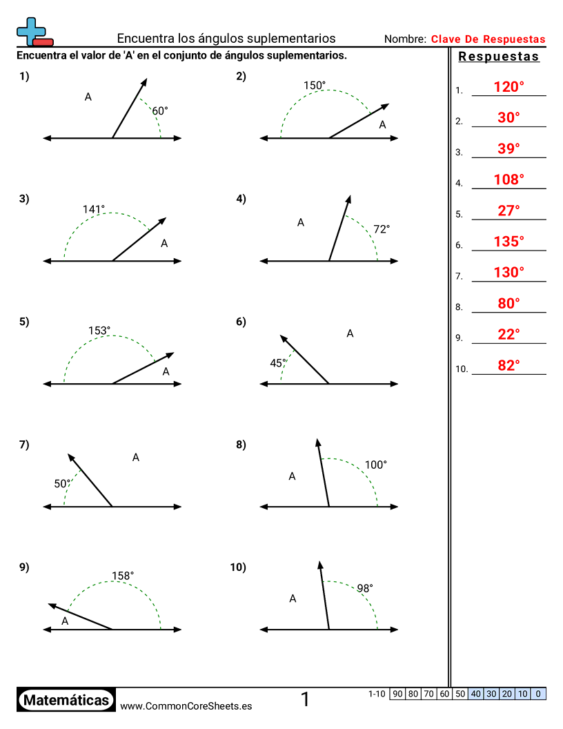 7th Grade Ejercicios de ángulos - Encontrar ángulos suplementarios worksheet