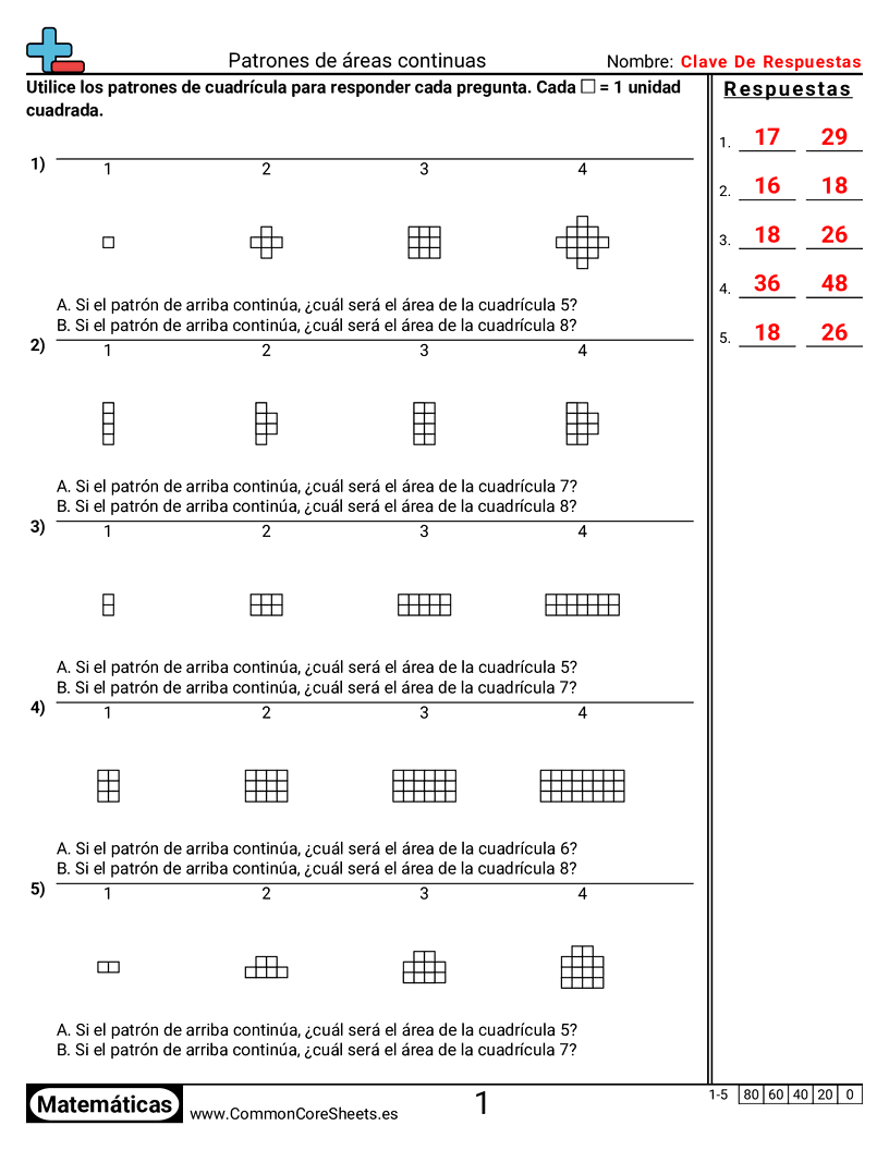 Ejercicios  área y perímetro - Continuar patrones de área worksheet