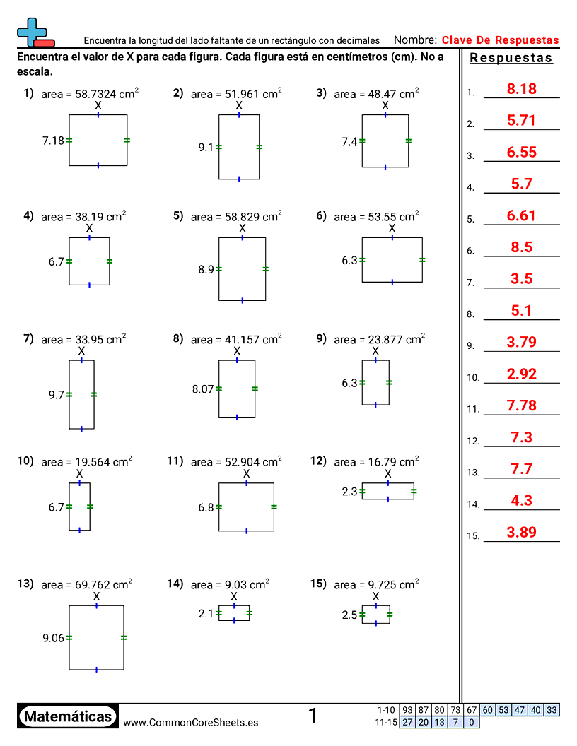 Ejercicios  área y perímetro - Encontrar el lado faltante de un rectángulo con decimales worksheet