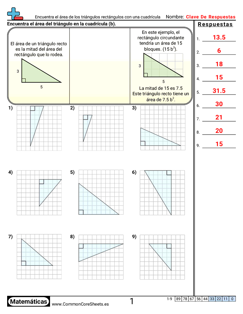 Ejercicios  área y perímetro - Encontrar el área de triángulos rectángulos con una cuadrícula worksheet