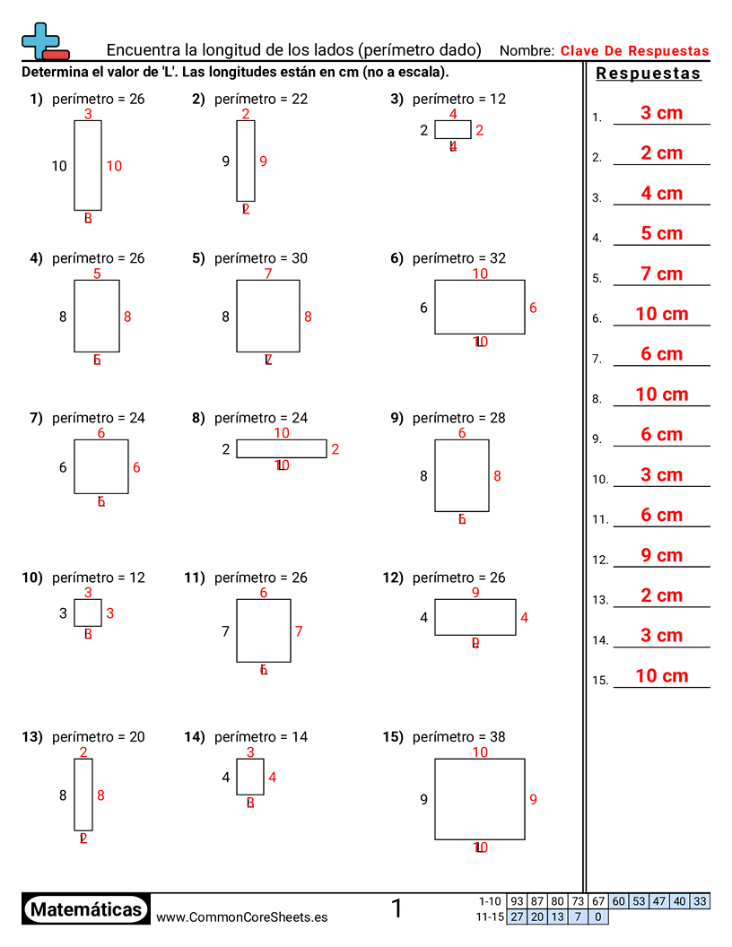 Ejercicios  área y perímetro - Lado faltante (perímetro) E worksheet
