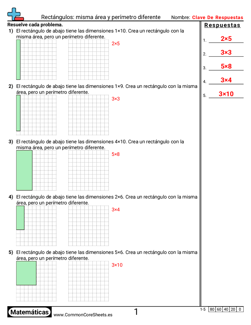 Ejercicios  área y perímetro - Rectángulos: misma área y distinto perímetro worksheet
