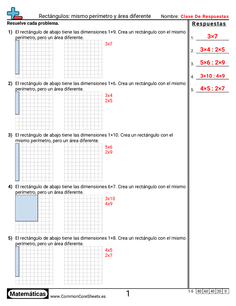 Ejercicios  área y perímetro - Rectángulos: mismo perímetro y distinta área worksheet