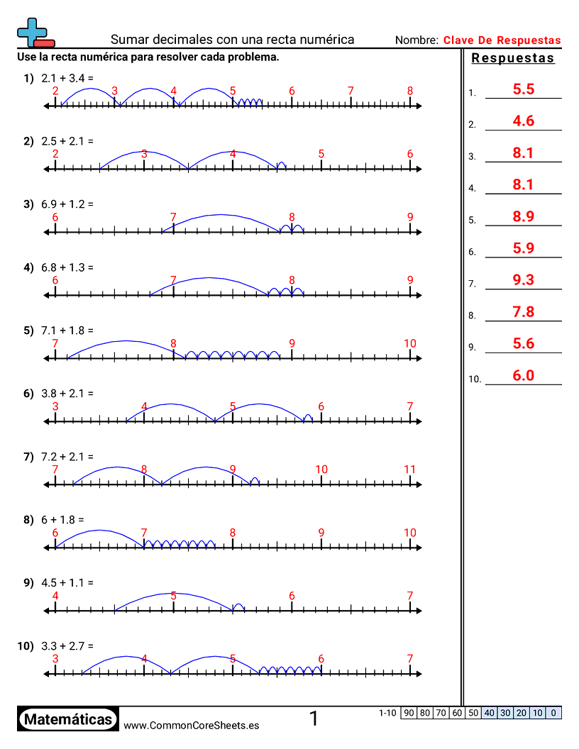 Ejercicios  de decimales  - Sumar decimales con una recta numérica worksheet