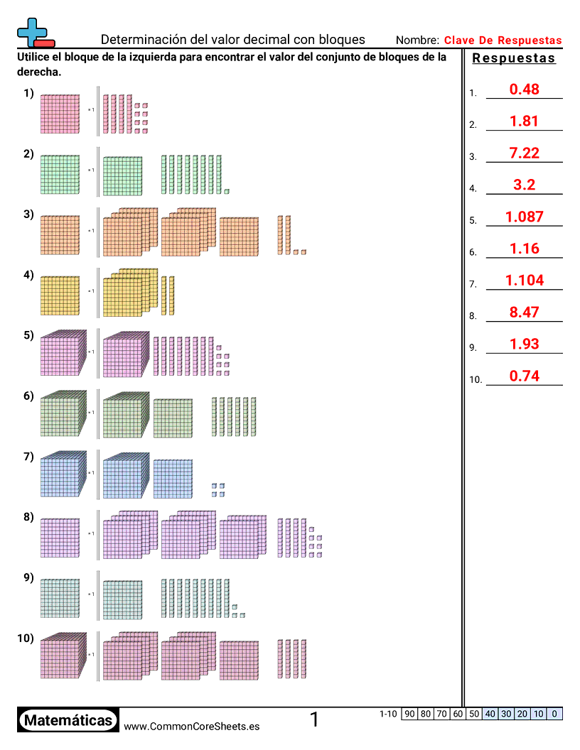 Ejercicios  de decimales  - Determinar el valor decimal con bloques worksheet