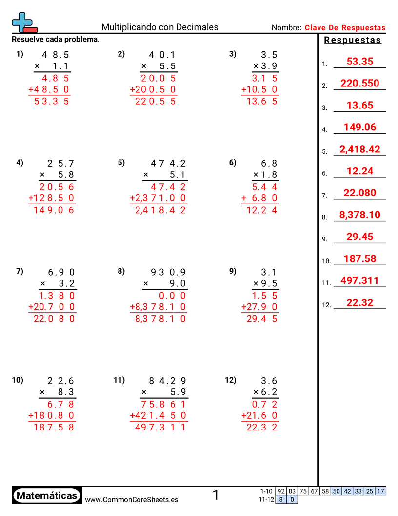 Ejercicios  de decimales  - Multiplicar decimales (vertical) worksheet