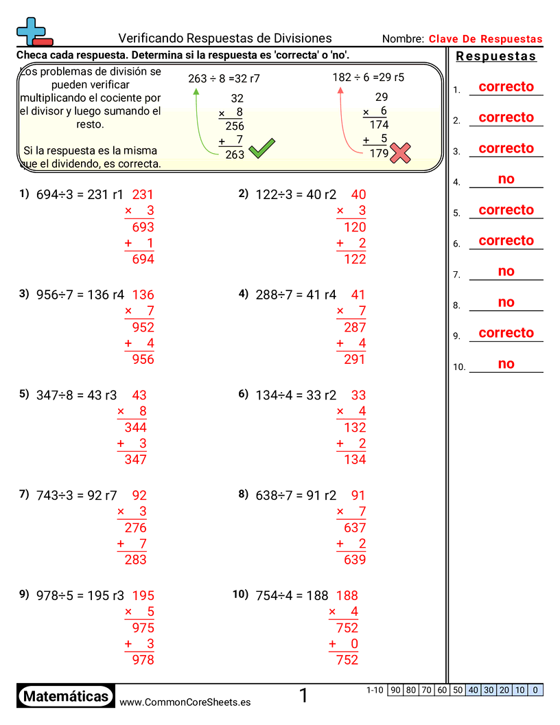Ejercicios  de división - Comprobar respuestas de división worksheet
