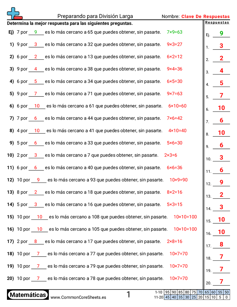 Ejercicios  de división - Preparación para la división larga worksheet