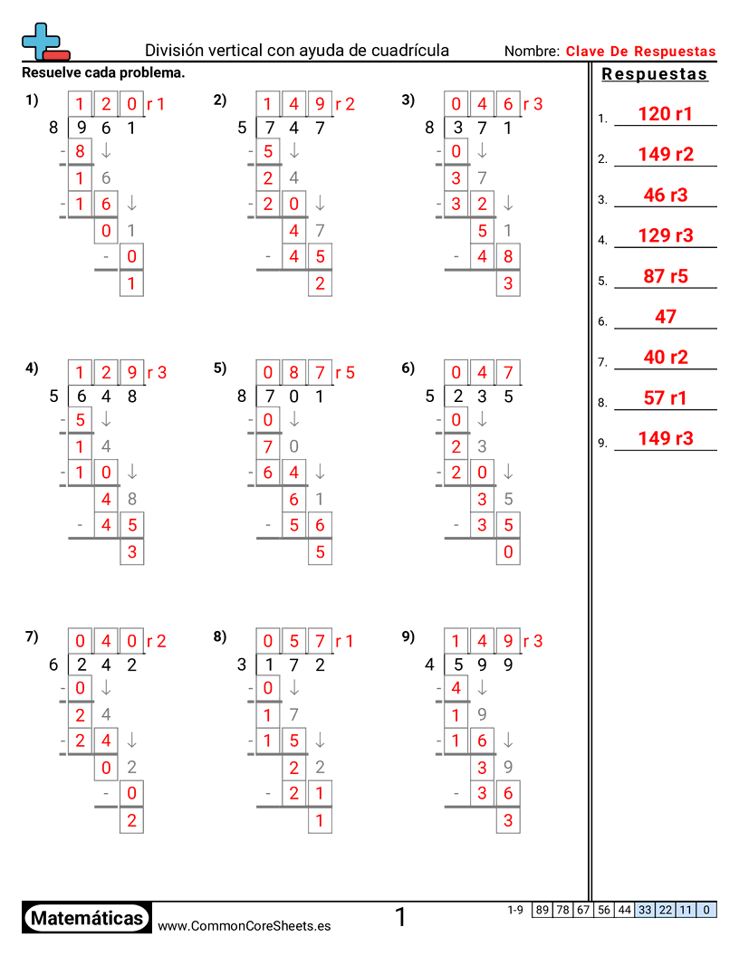 Ejercicios  de división - División vertical con cuadrícula de ayuda worksheet