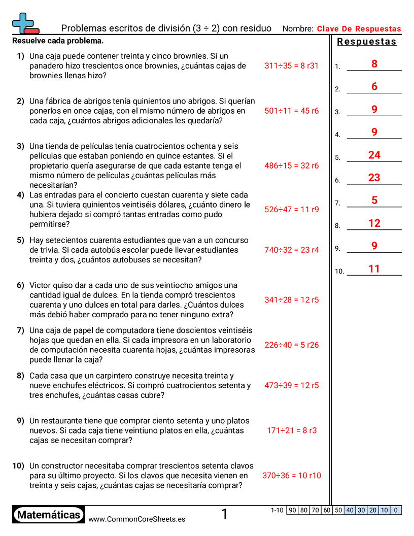 Ejercicios  de división - 3 ÷ 2 (con residuo) worksheet