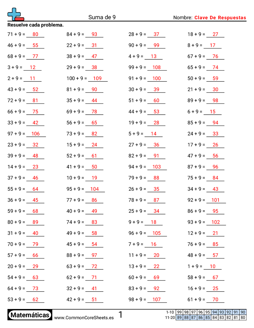 Ejercicios  de ejercicios de matemáticas - Sumar de 9 worksheet