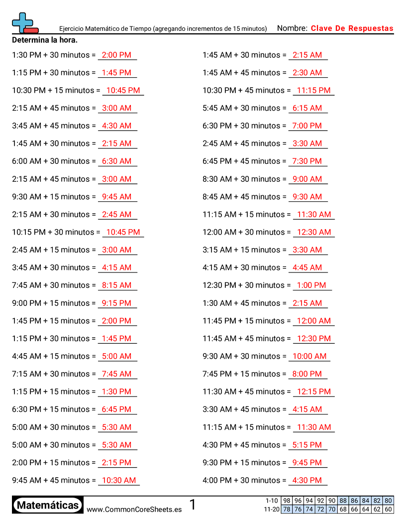 Ejercicios  de ejercicios de matemáticas - Sumar minutos worksheet