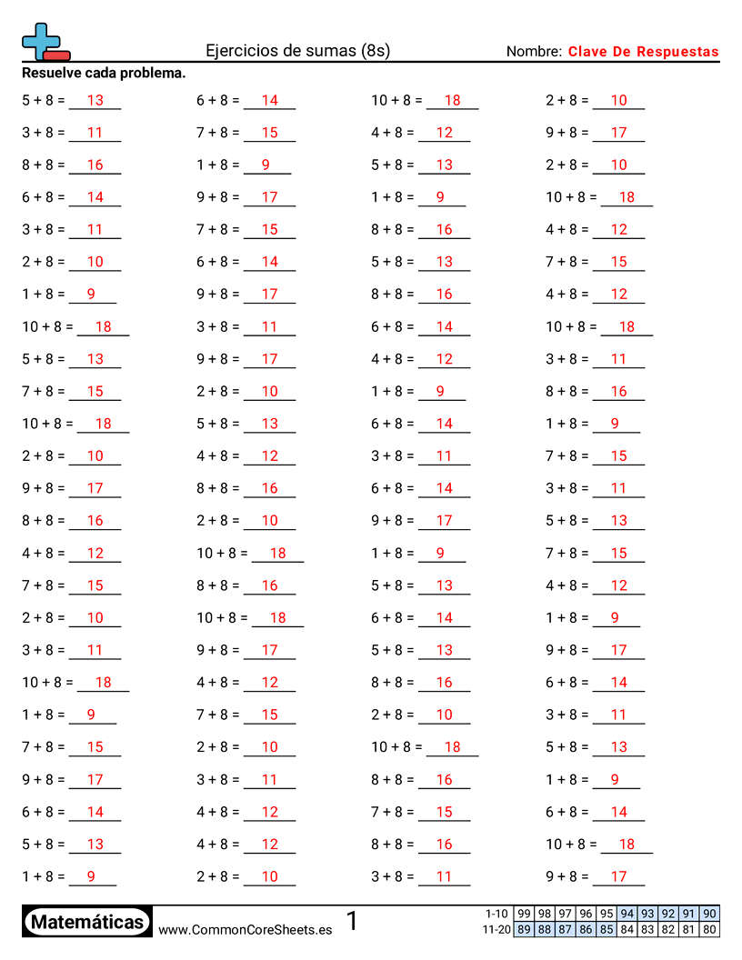 Ejercicios  de ejercicios de matemáticas - 8 (tablas) (horizontal) worksheet