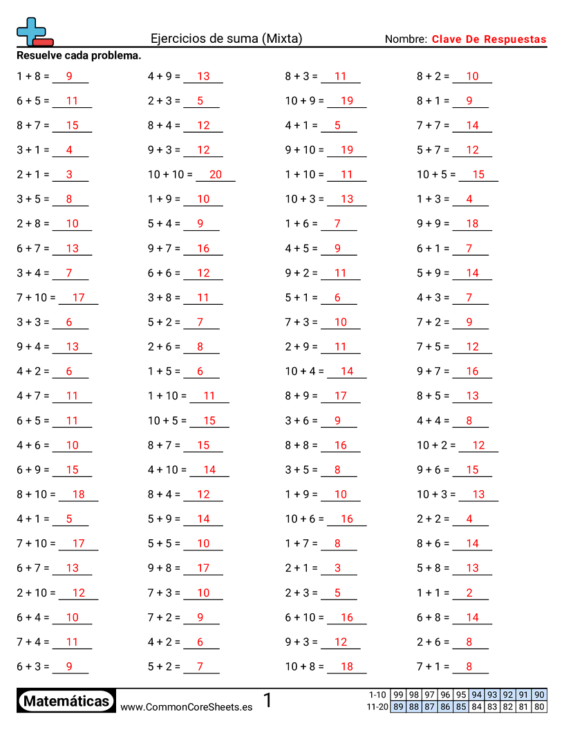 Ejercicios  de ejercicios de matemáticas - Mixto (horizontal) worksheet