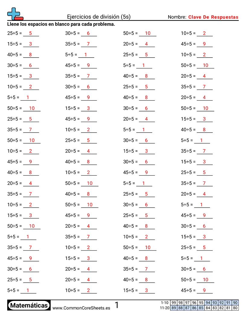 Ejercicios  de ejercicios de matemáticas - 5 (tablas) worksheet