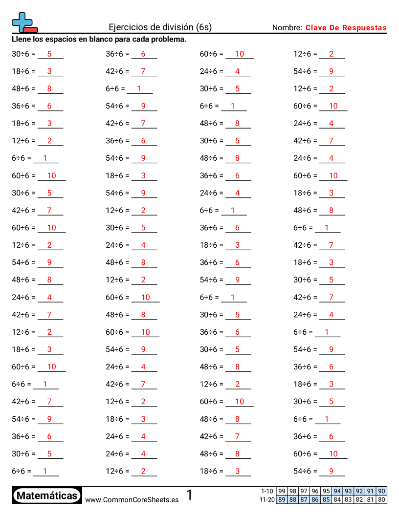 Ejercicios  de ejercicios de matemáticas - 6 (tablas) worksheet