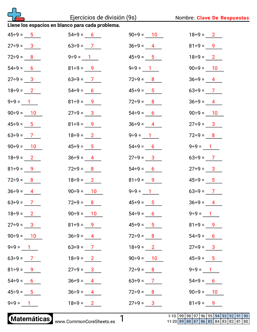 Ejercicios  de ejercicios de matemáticas - 9 (tablas) worksheet