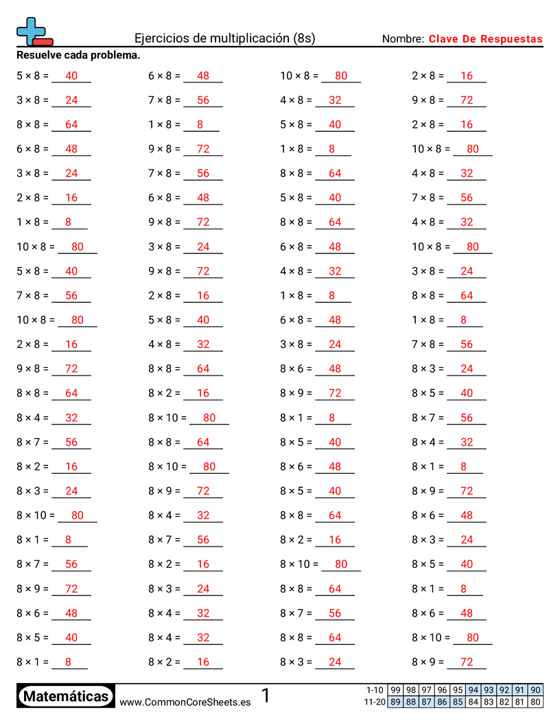 Ejercicios  de ejercicios de matemáticas - 8 (tablas) (horizontal) worksheet