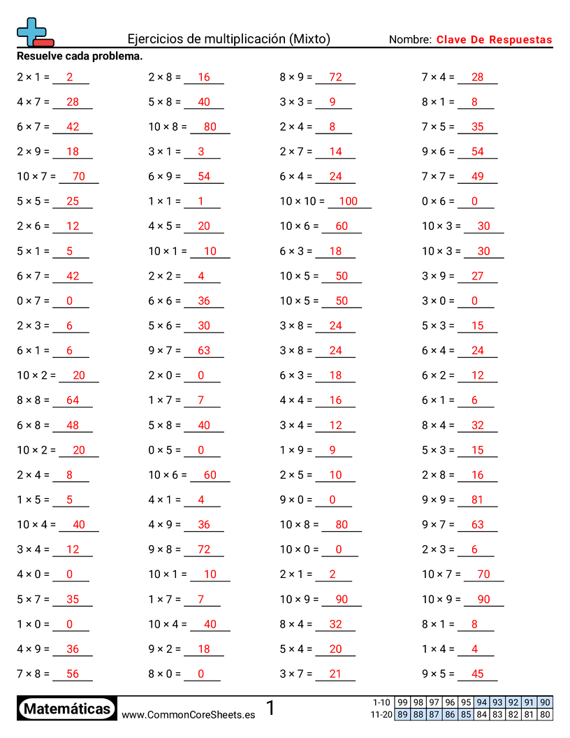 Ejercicios  de ejercicios de matemáticas - Mixto (horizontal) worksheet