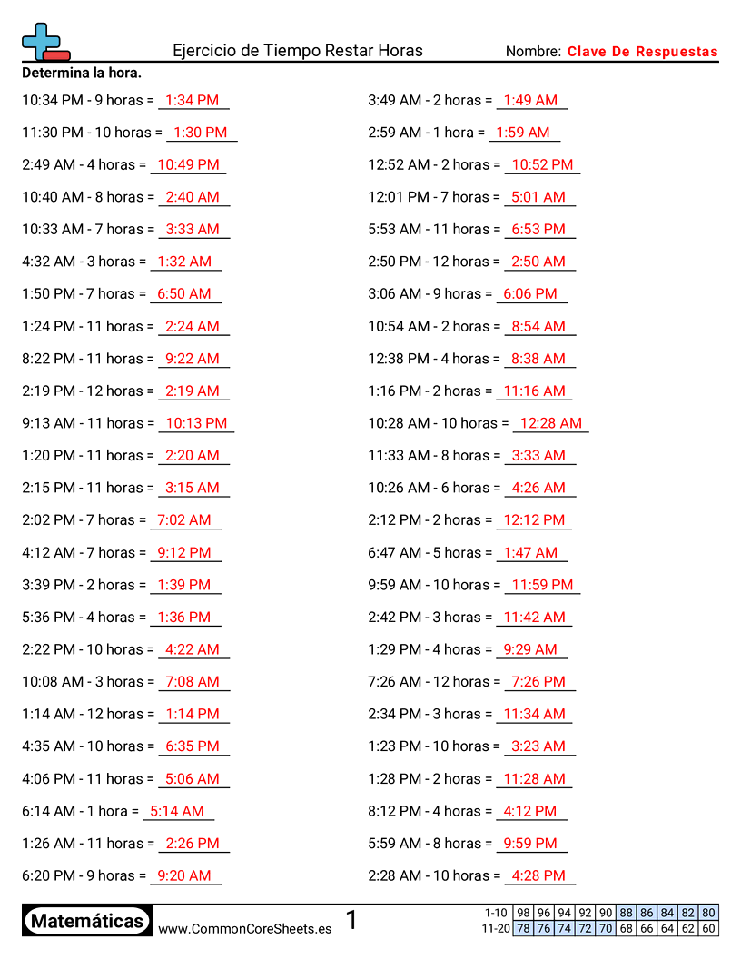 Ejercicios  de ejercicios de matemáticas - Restar horas worksheet