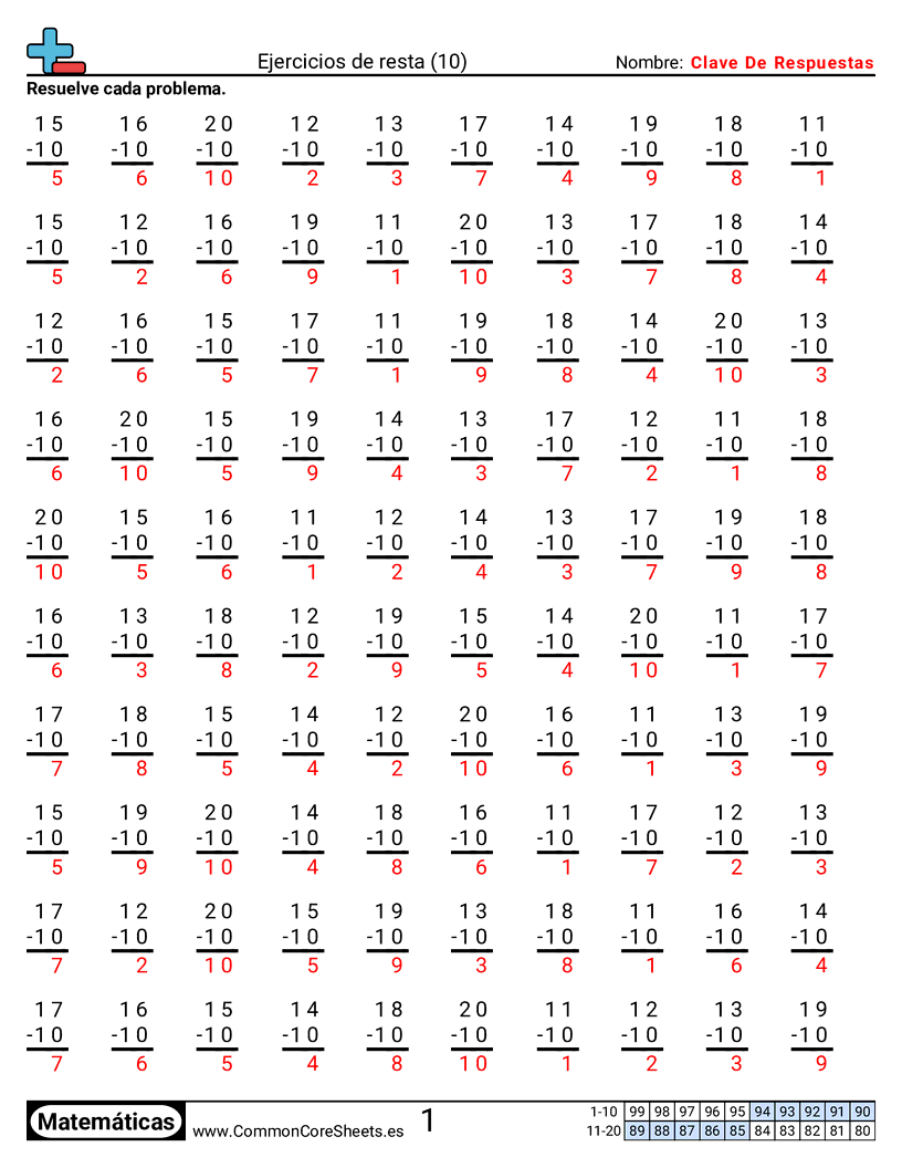 Ejercicios  de ejercicios de matemáticas - 10 (tablas) worksheet