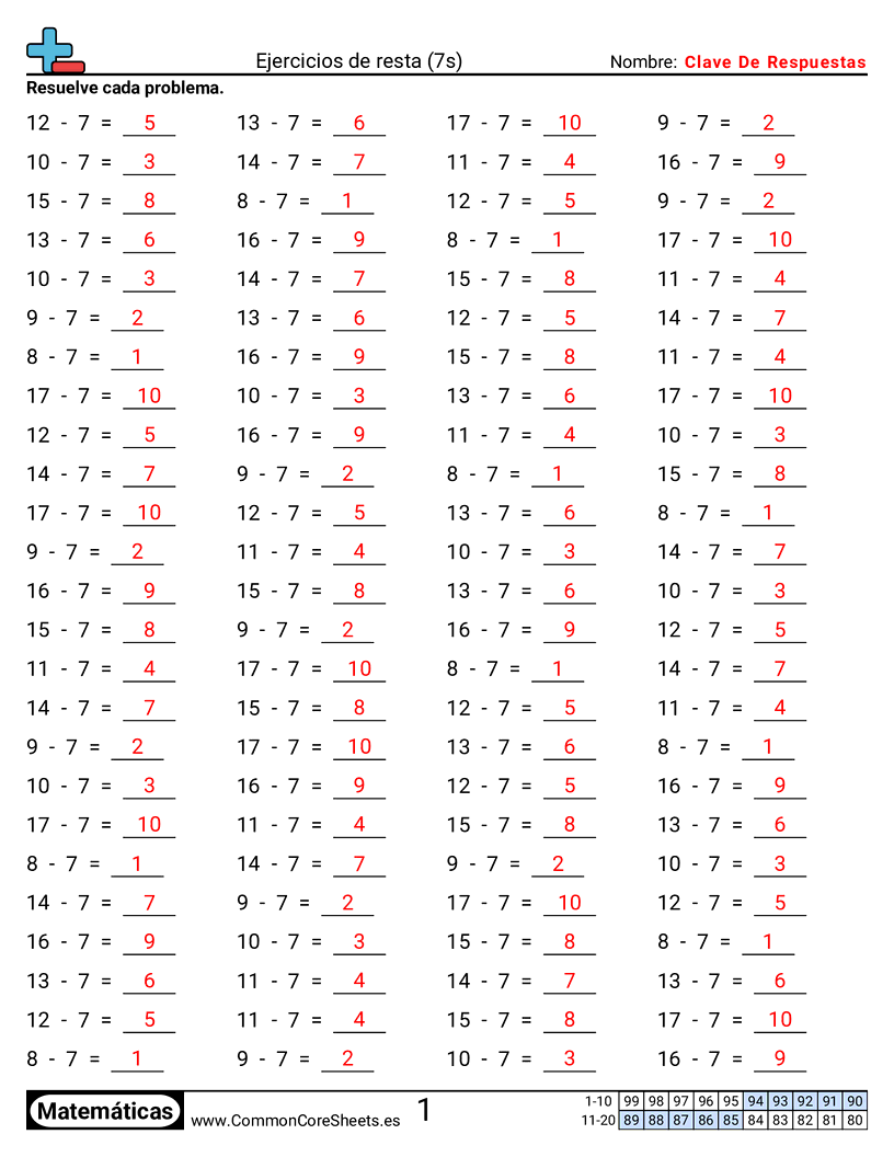 Ejercicios  de ejercicios de matemáticas - 7 (tablas) (horizontal) worksheet