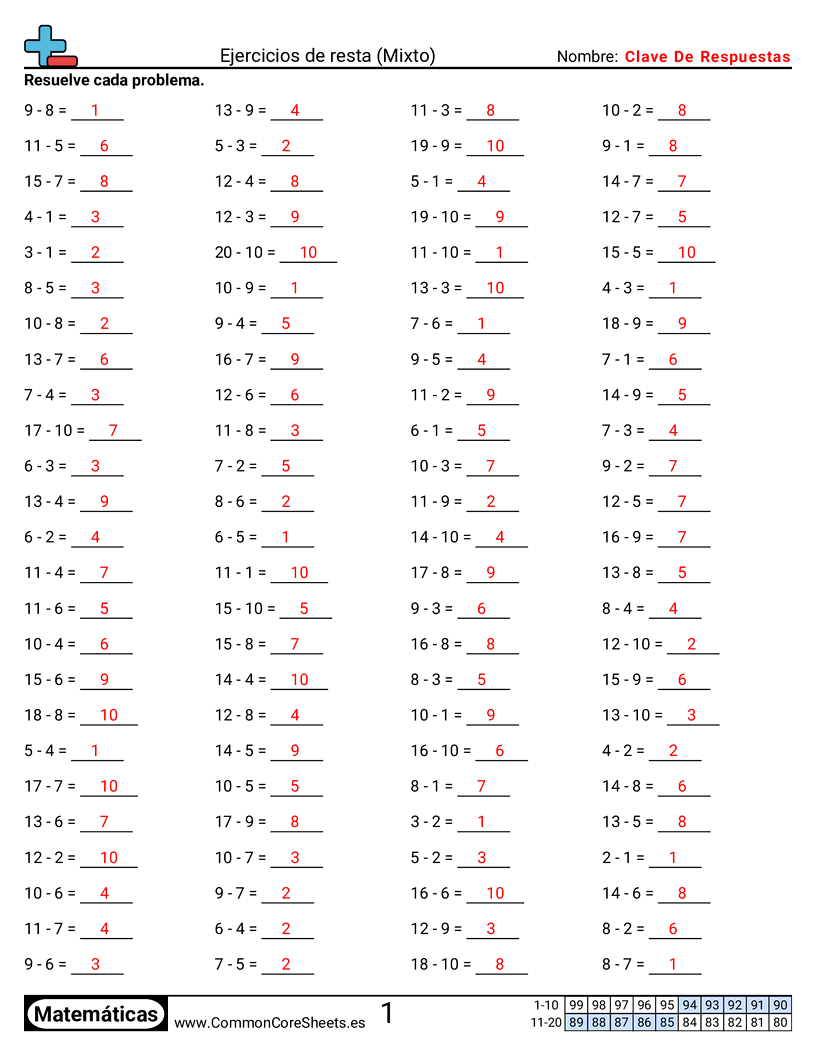 Ejercicios  de ejercicios de matemáticas - Mixto (horizontal) worksheet