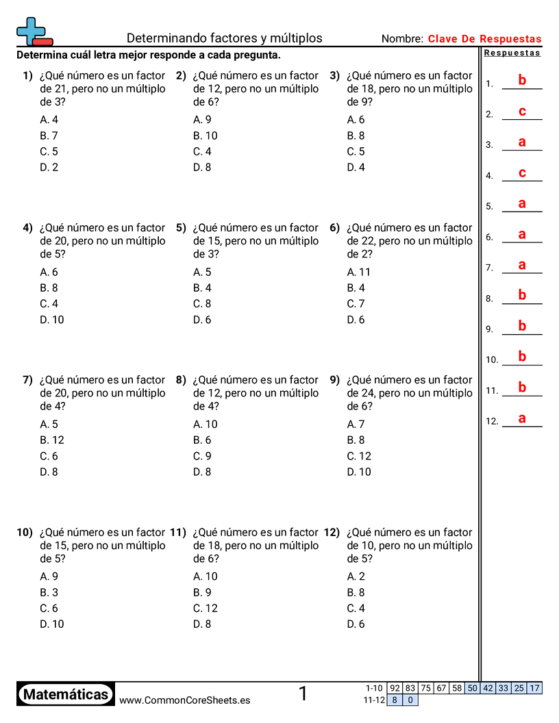 Factores de hojas de trabajo - Determinar factores y múltiplos worksheet
