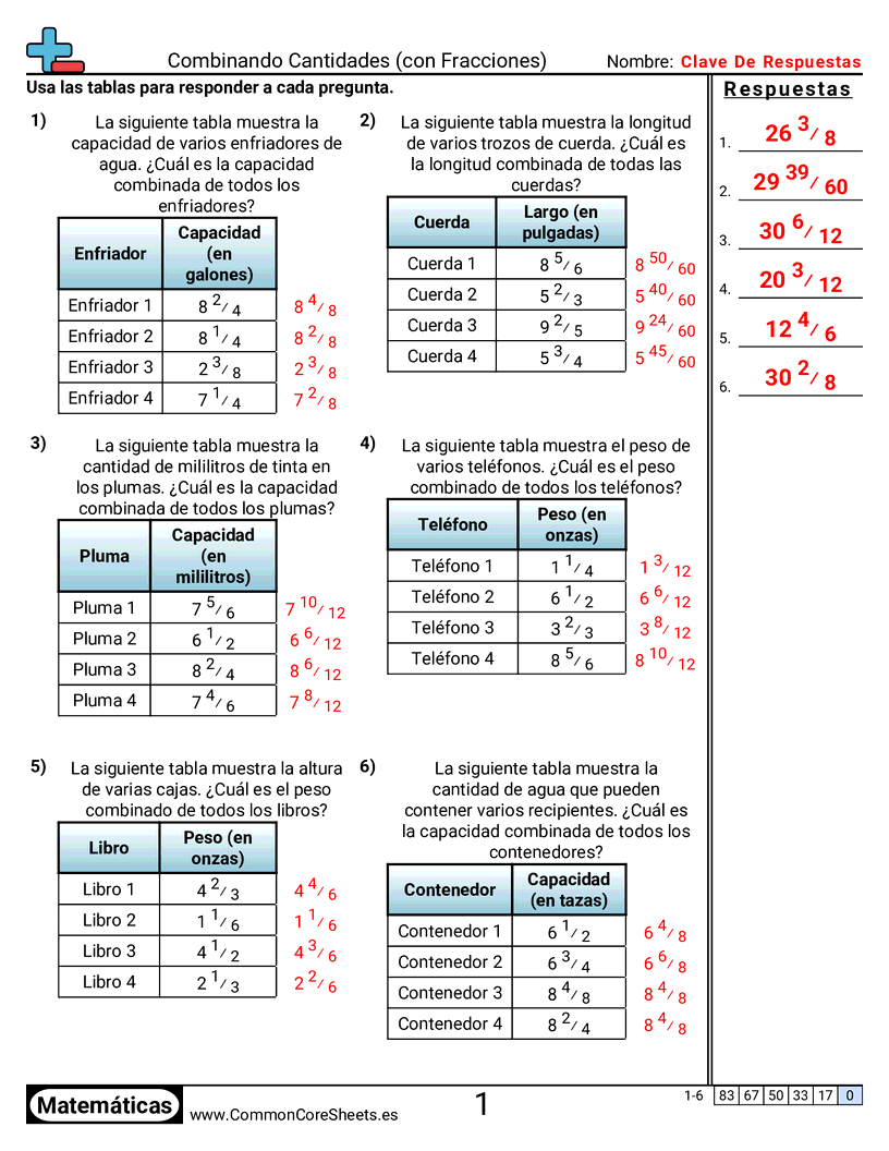 Ejercicios  de fracciones - Combinar cantidades worksheet