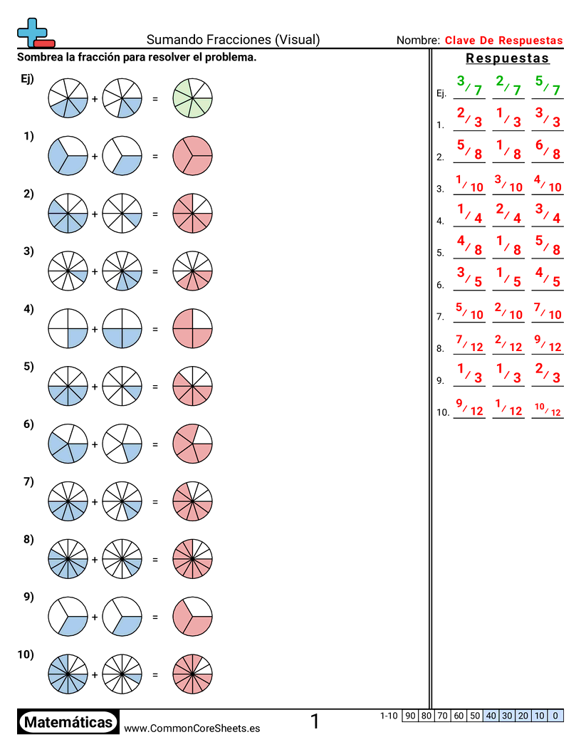 Ejercicios  de fracciones - Sumar fracciones (visual) (combinar) worksheet