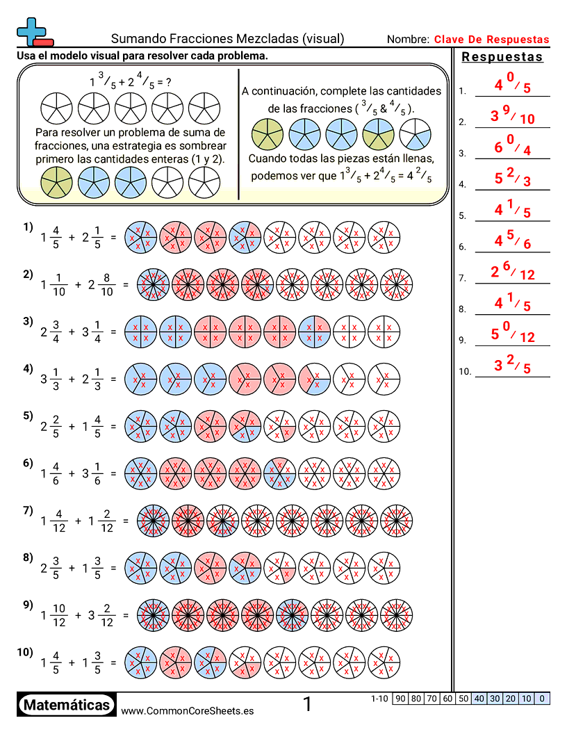 Ejercicios  de fracciones - Sumar fracciones mixtas (visual) worksheet