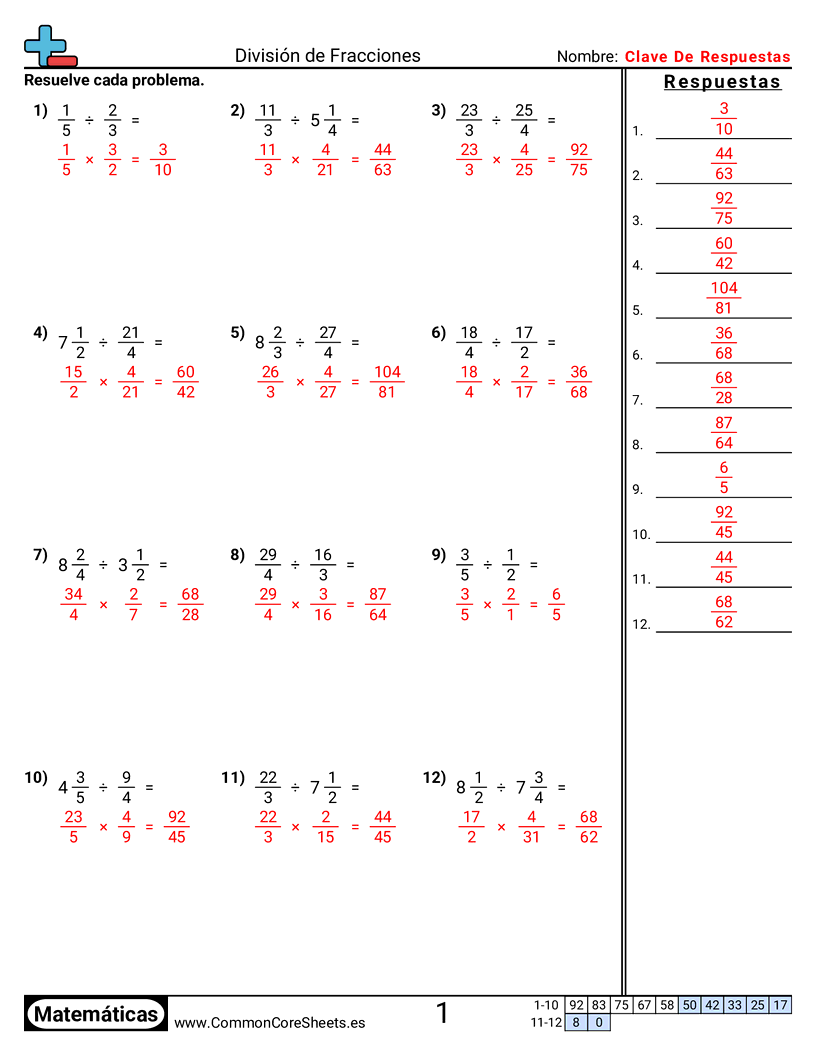 Ejercicios  de fracciones - Dividir fracciones worksheet