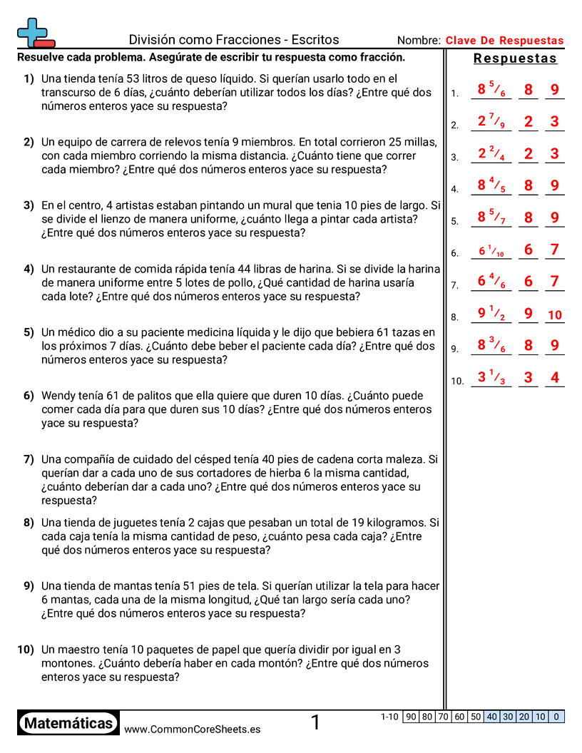 Ejercicios  de fracciones - División como fracción (problemas de palabras) worksheet