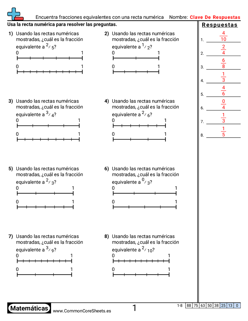 Ejercicios  de fracciones - Fracciones equivalentes con rectas numéricas worksheet