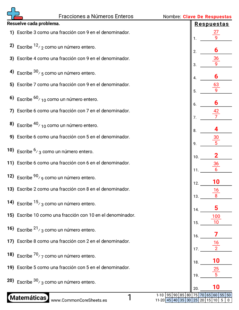 Ejercicios  de fracciones - Fracciones a números enteros worksheet