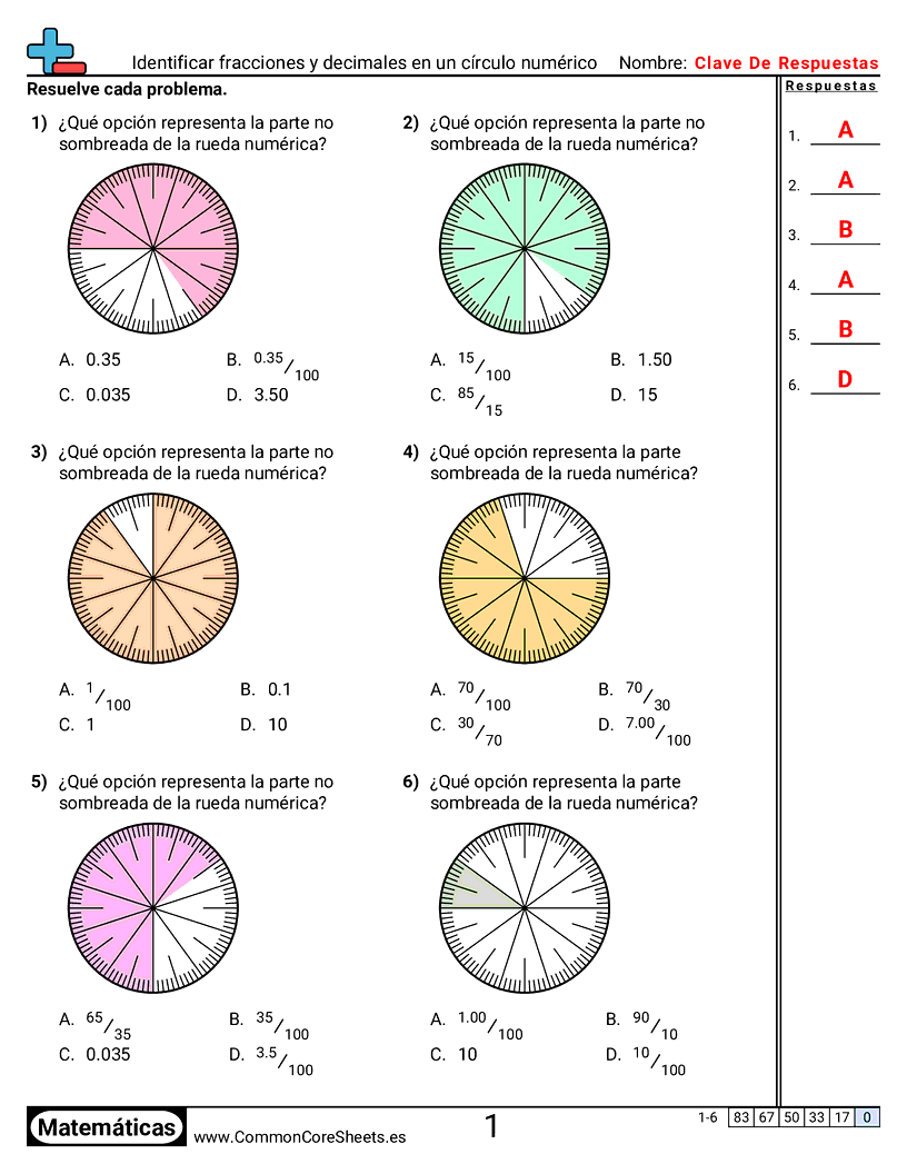Ejercicios  de fracciones - Identificar fracciones y decimales en una rueda numérica worksheet