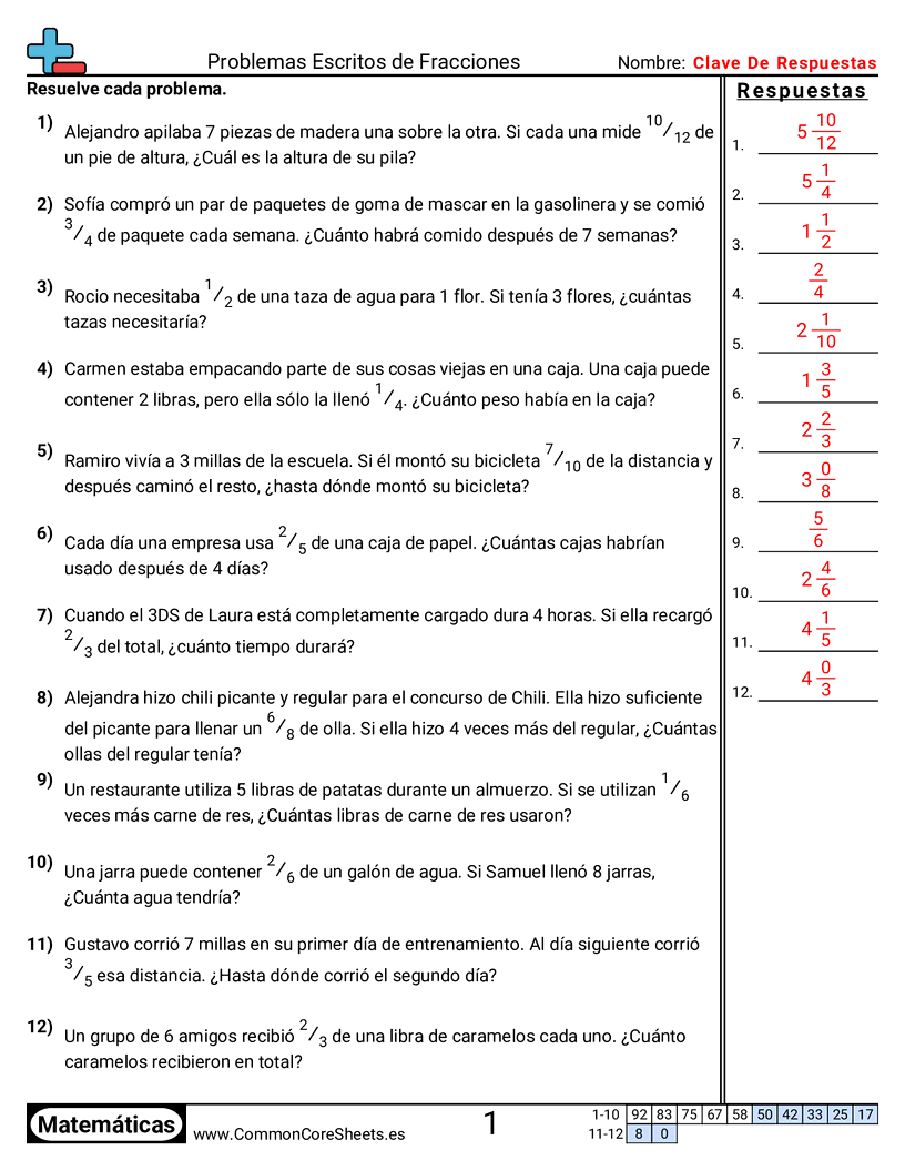 Ejercicios  de fracciones - Multiplicar fracción por entero (problemas de palabras) worksheet