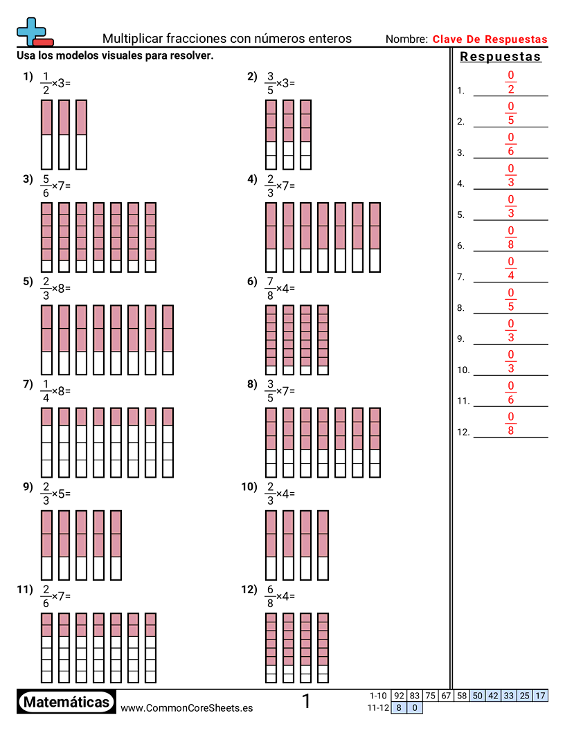 Ejercicios  de fracciones - Multiplicar fracciones y números enteros worksheet