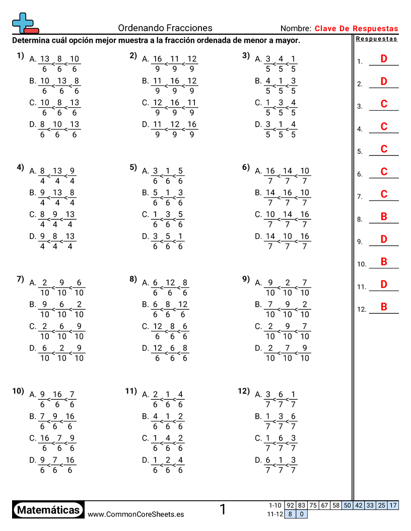 Ejercicios  de fracciones - Ordenar fracciones (opción múltiple) worksheet