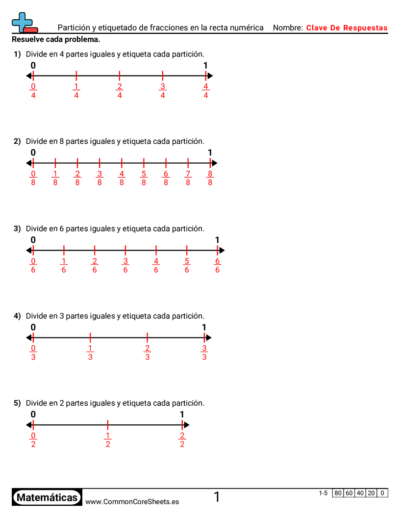 Ejercicios  de fracciones - Particionar y etiquetar fracciones en una recta numérica worksheet