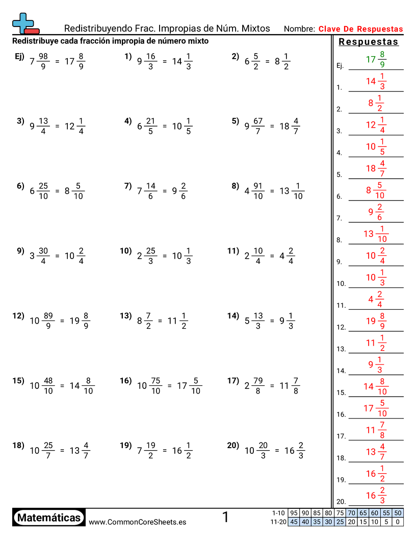 Ejercicios  de fracciones - Redistribuir fracciones mixtas impropias worksheet