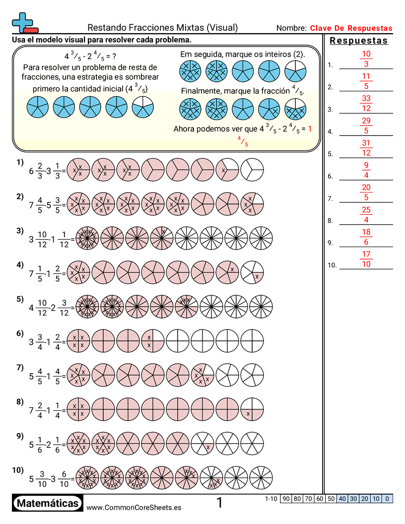 Ejercicios  de fracciones - Restar fracciones mixtas (visual) worksheet