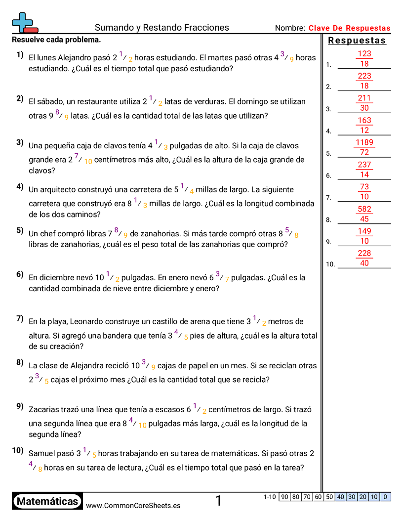 Ejercicios  de fracciones - Problemas de palabras (distinto denominador) worksheet