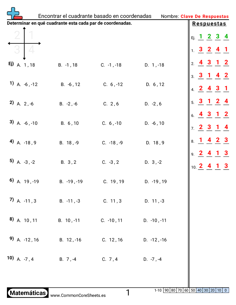 Ejercicios  de cuadriculas - Encontrar el cuadrante según coordenadas worksheet